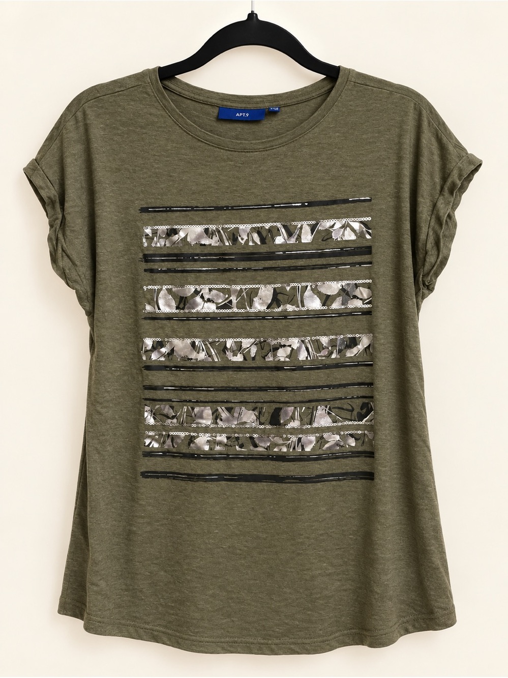 APT. 9 Olive Green Silver Floral Sequin Embellished Tee Small